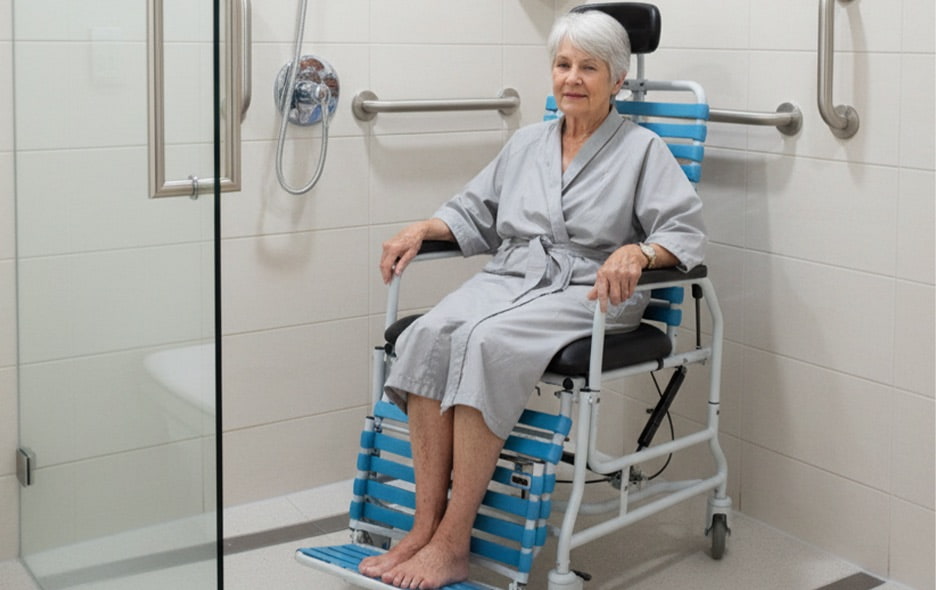 A senior woman sitting in a Revive awaiting a caregiver