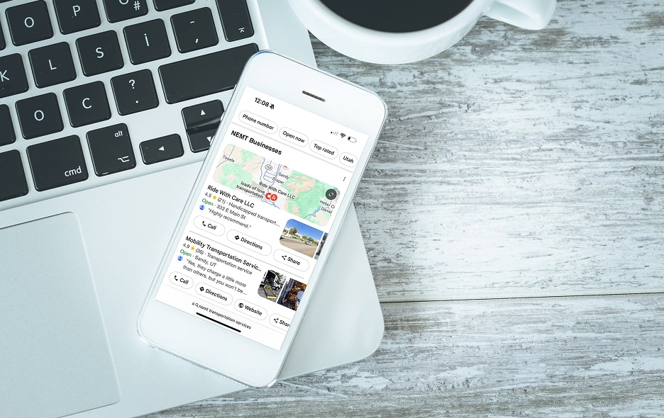A cell phone with NEMT business search results.
