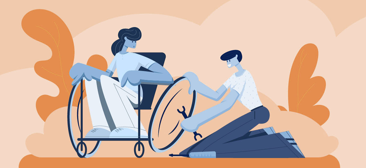 Illustration of someone helping to repair a wheelchair