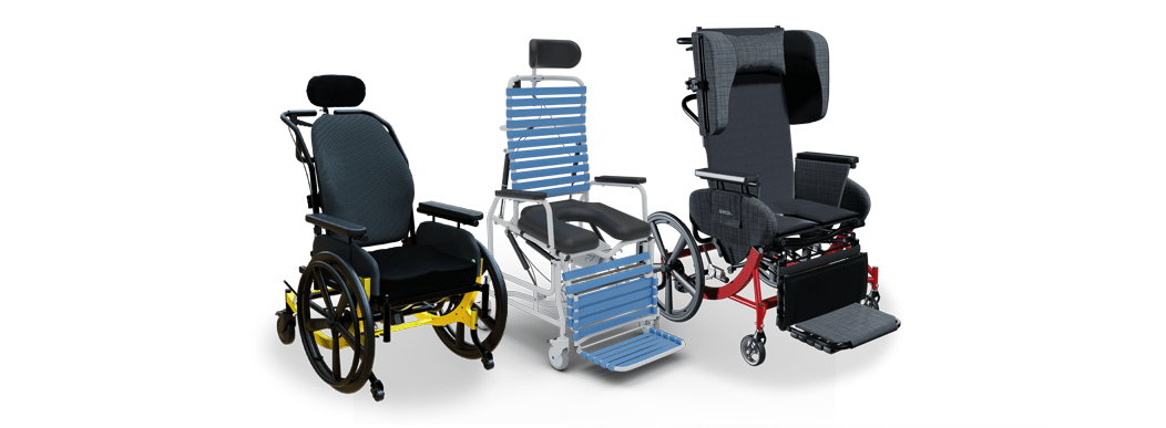 Three mobility devices, from left to right: a black Encore rehab wheelchair, a silver and blue Revive shower commode, and a black Synthesis positioning wheelchair.