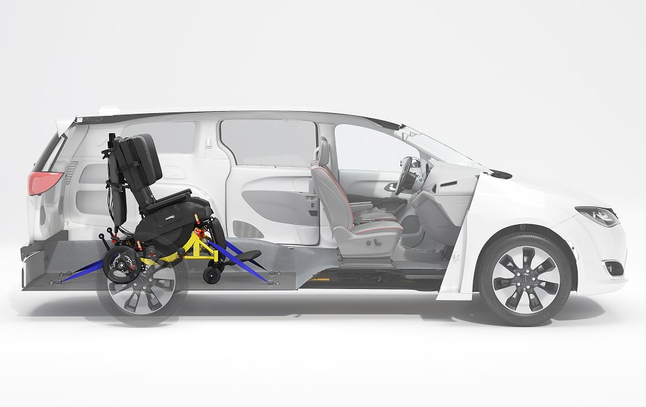 A cutout image of a minivan with a Traversa Transport Wheelchair in the back.